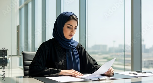 A focused businesswoman in a hijab meticulously reviews important documents at her modern desk, bathed in natural sunlight streaming through large .