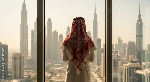 A businessman in traditional Middle Eastern attire gazes out a skyscraper window at a breathtaking panoramic city view, contemplating the future of his business empire.