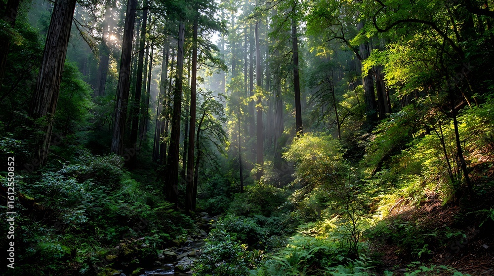 Obraz premium Lush Forest with Sunlight and Stream