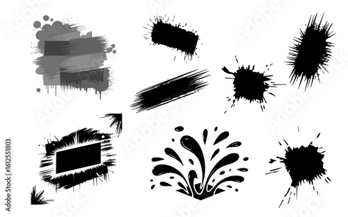  Brush strokes, highlighters, rectangle grunge shapes for text with splash. Dirty decoration grunge box with paint stroke,