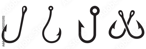 Fishing Hook Icons Collection – Vector Silhouettes and Logo Elements for Angling and Outdoor Design