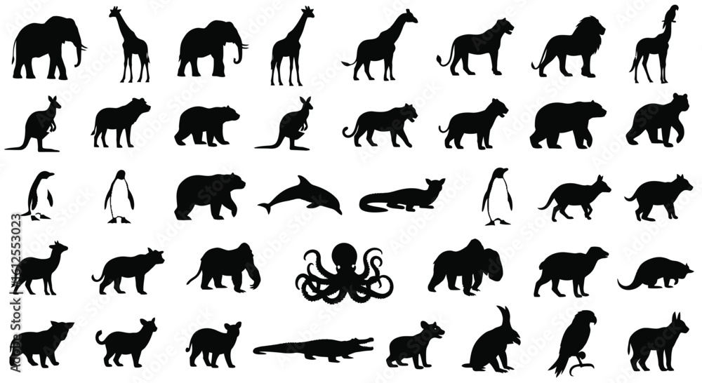 Fototapeta premium Diverse Wildlife Silhouette Collection Black and White Animal Kingdom Vector Illustration for Educational and Decorative Purposes