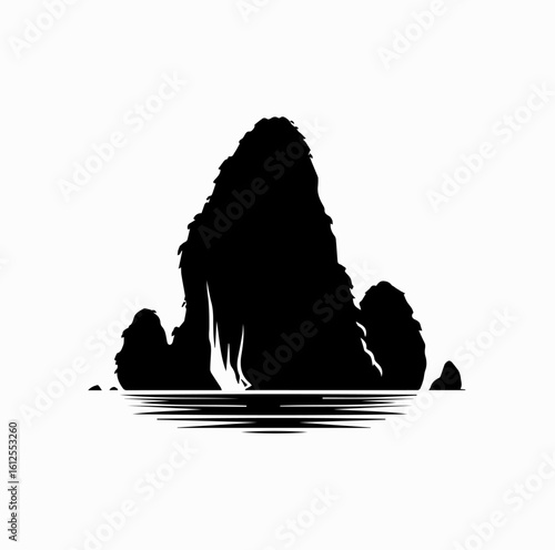 Minimalist Black Vector Logo of Limestone Karst Island with Calm Sea Line Isolated on White Background	