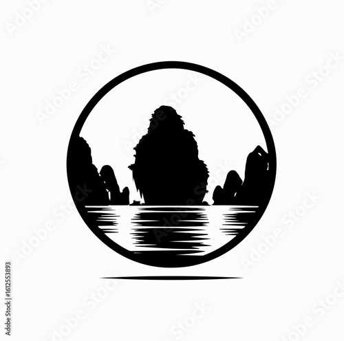 Minimalist Black Vector Logo of Limestone Karst Island with Calm Sea Line Isolated on White Background	