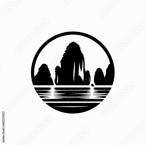 Minimalist Black Vector Logo of Limestone Karst Island with Calm Sea Line Isolated on White Background	