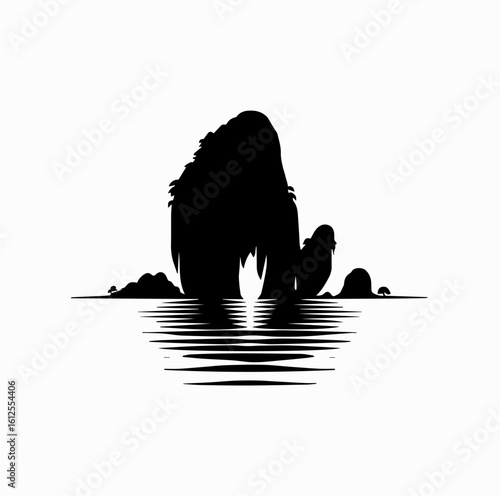 Minimalist Black Vector Logo of Limestone Karst Island with Calm Sea Line Isolated on White Background	