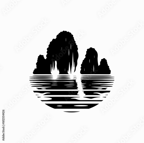 Minimalist Black Vector Logo of Limestone Karst Island with Calm Sea Line Isolated on White Background	