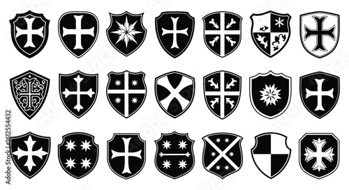 Collection of Decorative Shields Emblems Heraldic Elements in Black and White Vector Illustration Symbolizing Nobility Power and Historical Significance