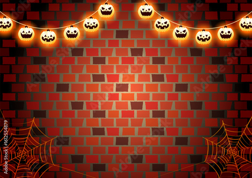 ハロウィン背景、煉瓦、ちょうちん、横、イラスト、かわいい