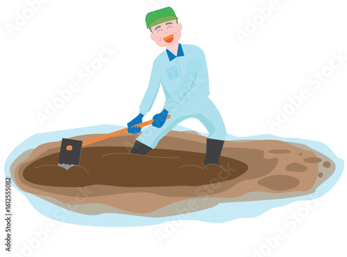 高齢者の農夫が水田を耕しているイラスト。