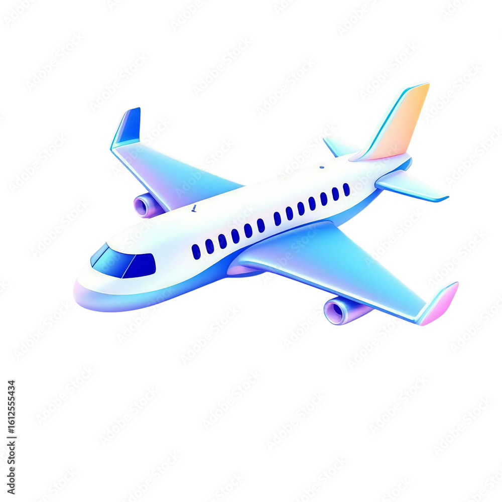 A modern white passenger jet airplane flying with colorful tail fins isolated on transparent background A modern white passenger jet airplane flying with colorful tail fins isolated on transparent background