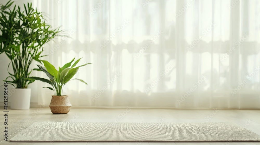 Peaceful home yoga session with mat and plants in a bright living space for relaxation and wellness Peaceful home yoga session with mat and plants in a bright living space for relaxation and wellness