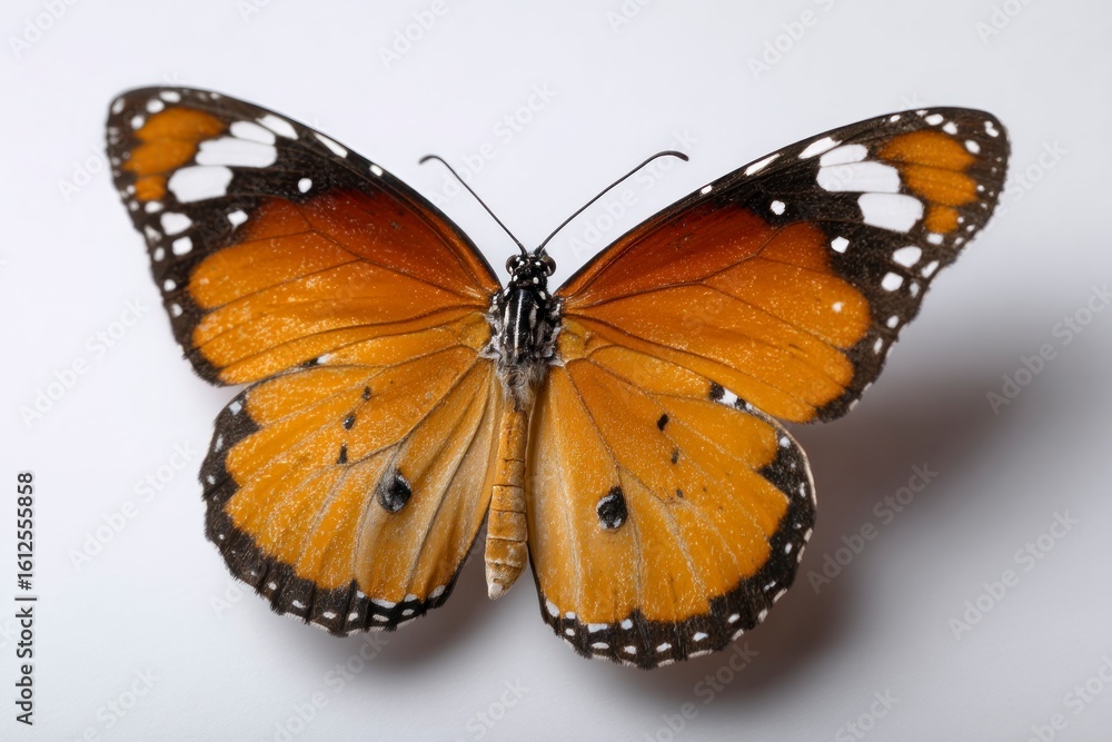 Obraz premium Butterfly with orange black and white patterned wings spread on a white surface