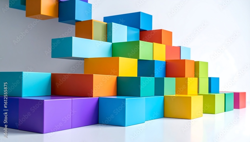 Fototapeta premium Colorful blocks form a cascading, stair-step pattern against a white background