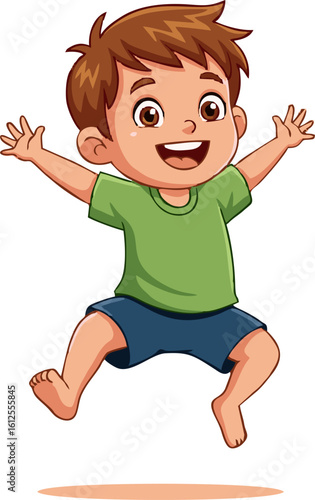 Joyful Boy Leaping Upwards with Arms Outstretched, Smiling Wide
