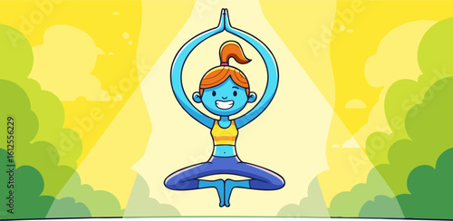 Joyful Cartoon Yoga Pose in Sunny Outdoor Setting