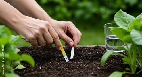 Agricultural science in the garden, with hands using a pH test strip to measure soil acidity for optimal plant health and nutrient absorption.