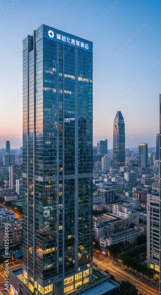 Modern glass skyscraper in a bustling city skyline at dusk Modern glass skyscraper in a bustling city skyline at dusk