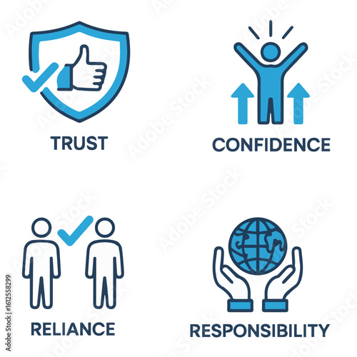 Icons representing trust confidence reliance and responsibility in blue and white color scheme design