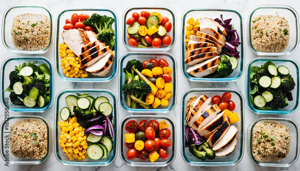 Healthy Meal Prep with Grilled Chicken and Fresh Vegetables in Glass Containers