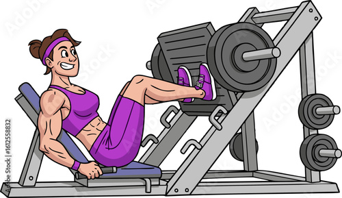 Muscular Woman Smiling on Leg Press Machine Cartoon Illustration