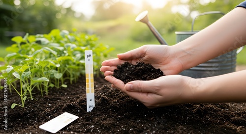 Gardener's hands holding fertile soil for analysis, with a pH test strip measuring acidity next to young seedlings in a sustainable organic garden.
