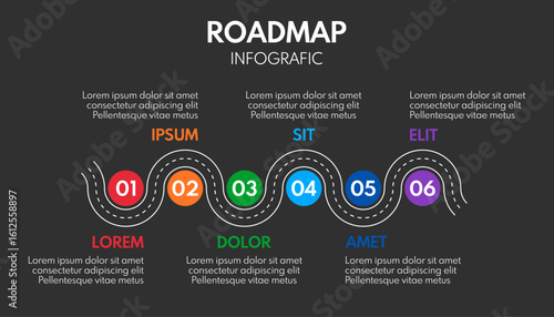 6 steps road map or timeline progress infographic, vector template, dark background