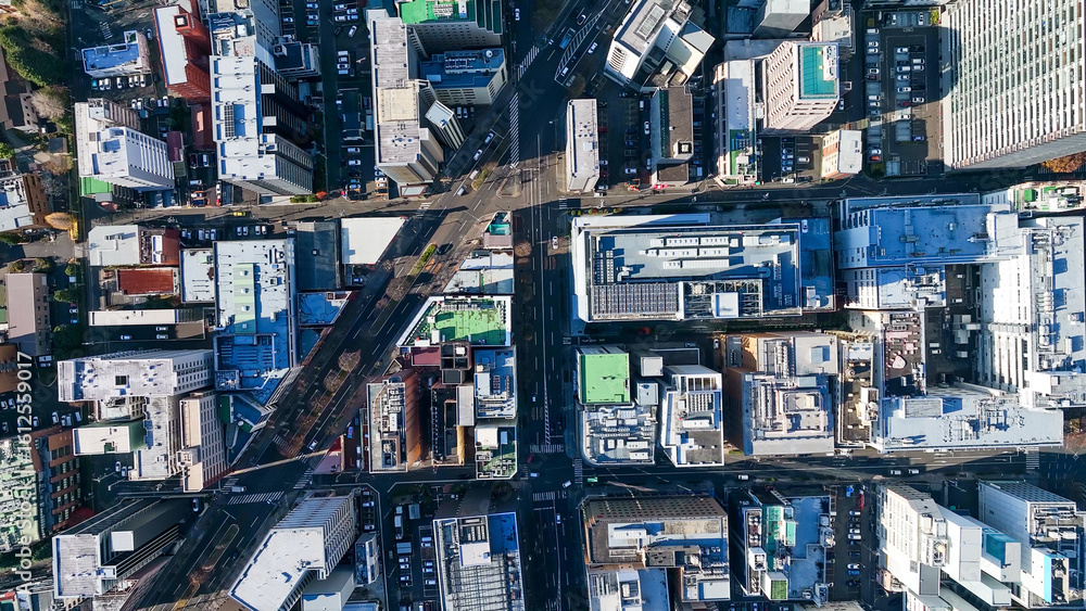 Fototapeta premium Drone directly above aerial view of modern city