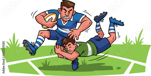 Rugby Players in a Dynamic Tackle on the Green Field