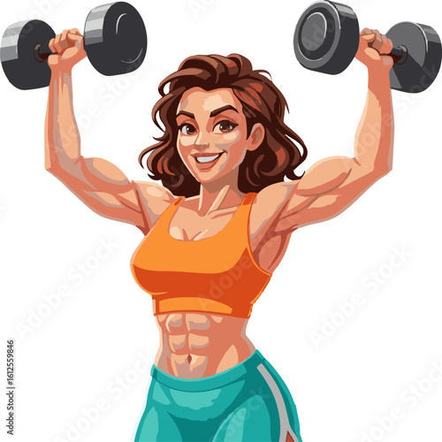 Smiling woman lifting dumbbells with defined muscles and orange sports bra