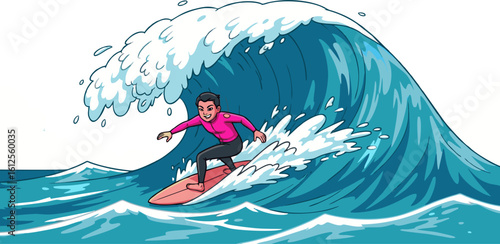 Surfer riding a massive, stylized ocean wave with vibrant colors.