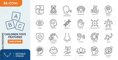 Children Toys Features Line Editable Icons set. Contain icons related to toddler development, play therapy, education, cognitive skills, and more. Editable stroke. Vector illustration