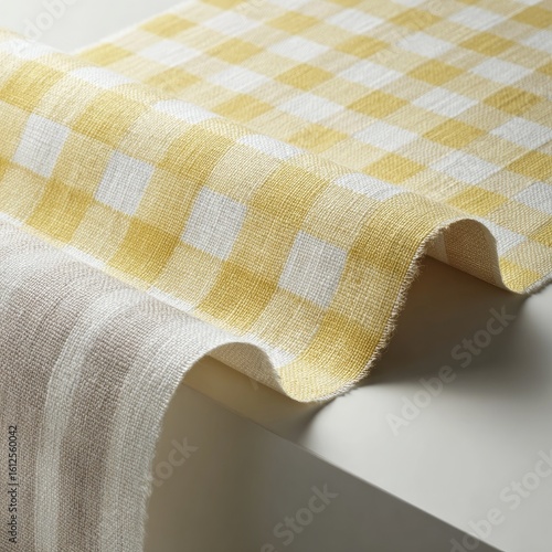 Soft, yellow and beige gingham fabric swatches draped on a white surface, showcasing texture and weave