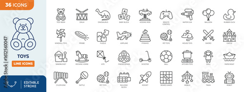 Toys line editable icon set. Contain icons related to children toys, teddy bear, doll, drum, ball, robot, and more. Editable stroke. Vector illustration