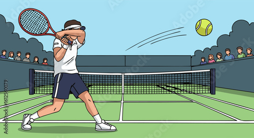 Tennis Player in Action on a Court with Spectators