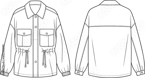 CAD drawing flat vector illustration of casual drawstring waist jacket with patch pockets, front button closure, collar, ribbed cuffs, back yoke