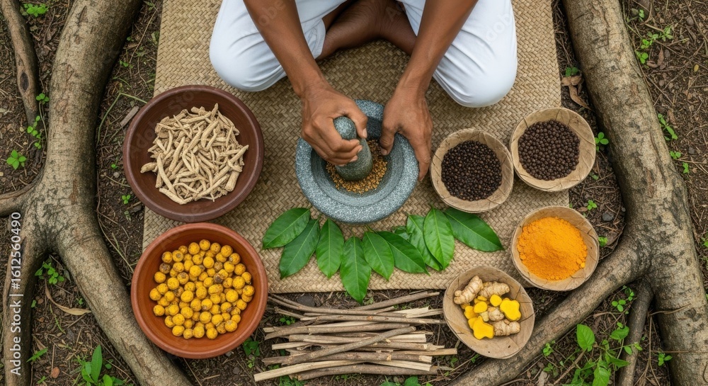 Fototapeta premium Ayurvedic practitioner preparing herbal medicine with mortar and pestle