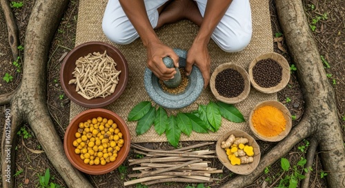 Ayurvedic practitioner preparing herbal medicine with mortar and pestle