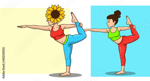 Yoga Poses: Sunflower Head and Brunette Woman in Colorful Attire