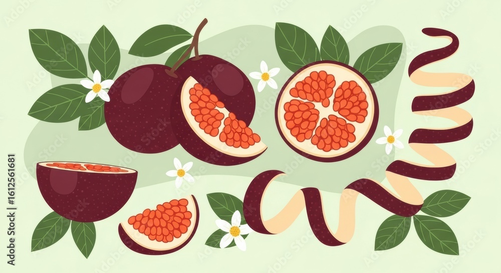 Naklejka premium Passion fruit illustration showcasing vibrant colors, intricate details, and tropical charm for