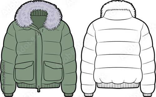 CAD drawing flat vector illustration of padded winter jacket with faux fur collar, ribbed cuffs, front patch pockets, back view included