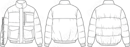 CAD drawing flat vector illustration of puffer jackets with patch pockets, high collar, ribbed cuffs, front and back technical views