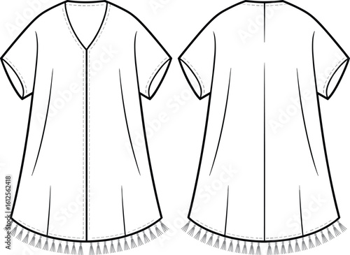 CAD drawing flat vector illustration of short sleeve tunic dress with v-neckline, center seam detail, flared hem, tassel trim design