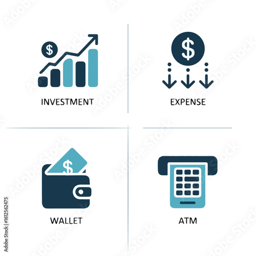 Icons representing investment expense wallet and atm in a financial planning concept illustration