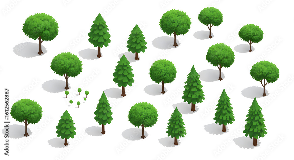 Fototapeta premium Isometric Trees with Green Foliage on White Background in Flat Design