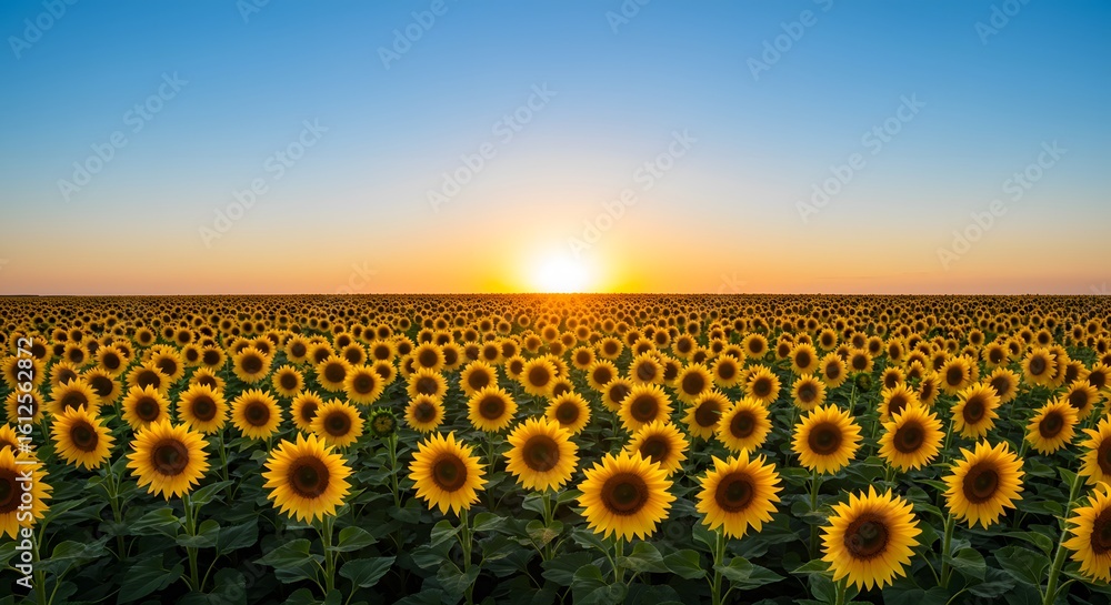 Fototapeta premium Sunflower Field at Sunset: A vast field of vibrant sunflowers reaches towards a clear blue sky as the sun dips below the horizon, casting a warm golden glow.