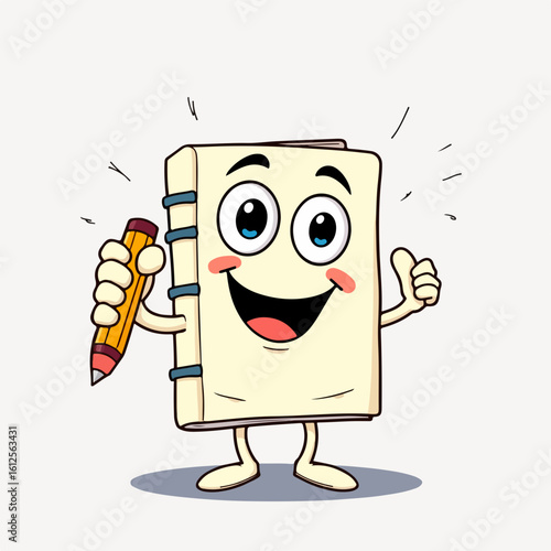 Cheerful cartoon notebook character holding a pencil, giving a thumbs-up gesture.