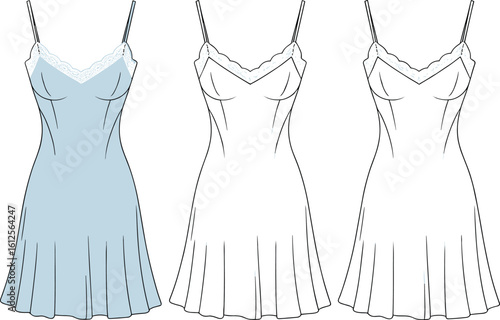 CAD flat vector illustration of women's lace-trim slip dress with spaghetti straps, fitted bust, flared skirt, front view technical sketch