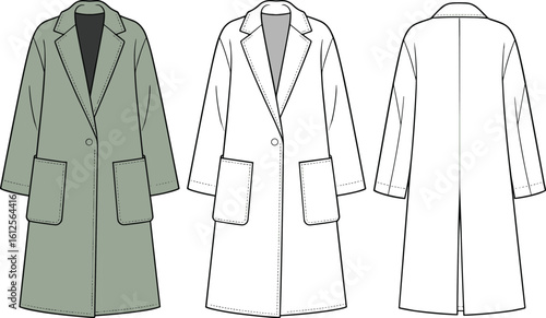 Flat cad vector drawing of long sleeve single-button overcoat with wide lapel and patch pockets, front and back view illustration