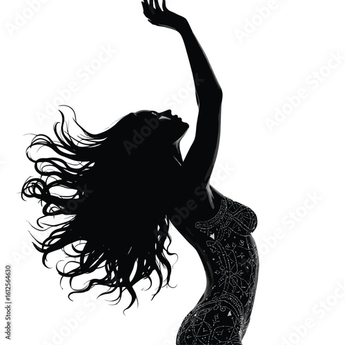 tailored for stock platforms:

💃 Title (118 characters): Silhouette of Woman in Flowing Patterned Dress with Raised Arm and Dynamic Pose in Expressive Elegant Cultural Illustration